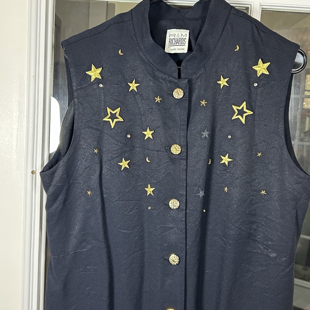 Vintage 90s R&M Richard's Karen Kwong Navy Celestial Embroidered Vest Size 16 - Picture 4 of 16